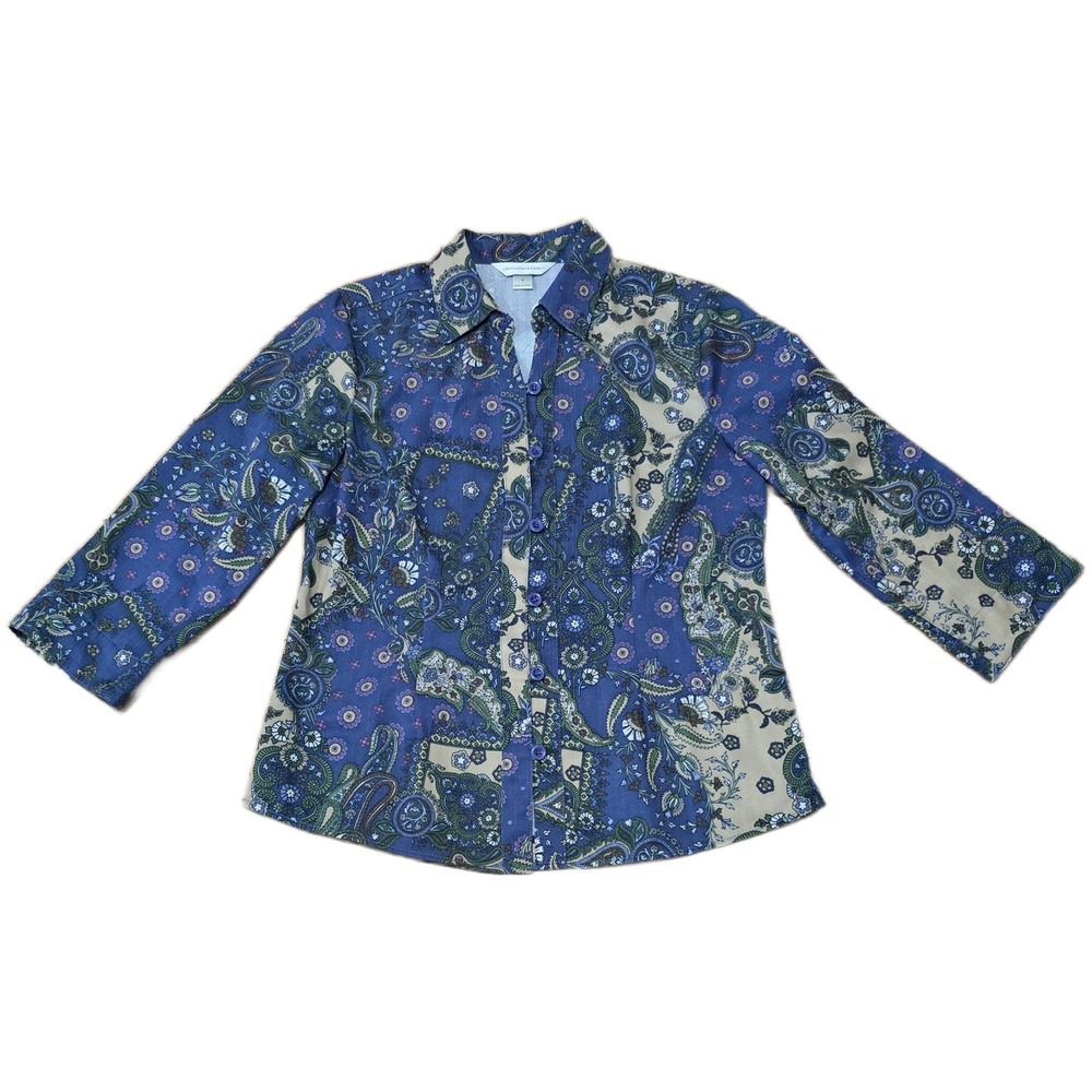 Christopher & Banks Womens Purple Paisley Button Front Blouse 3/4 Sleeve Small